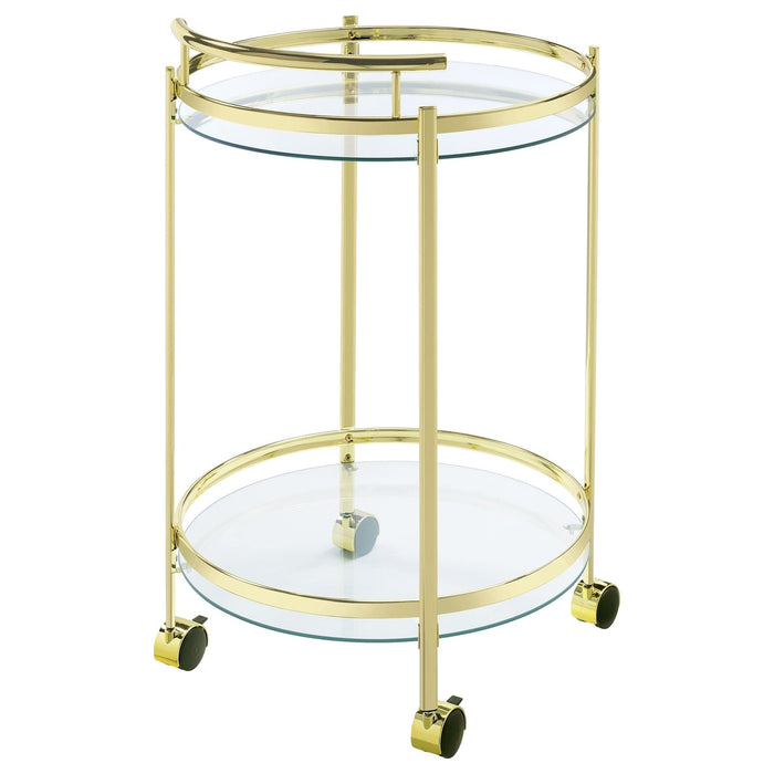 Chrissy 2 - tier Round Glass Shelf Metal Bar Cart Brass - Walo Furniture