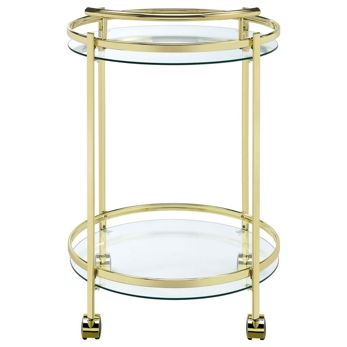 Chrissy 2 - tier Round Glass Shelf Metal Bar Cart Brass - Walo Furniture