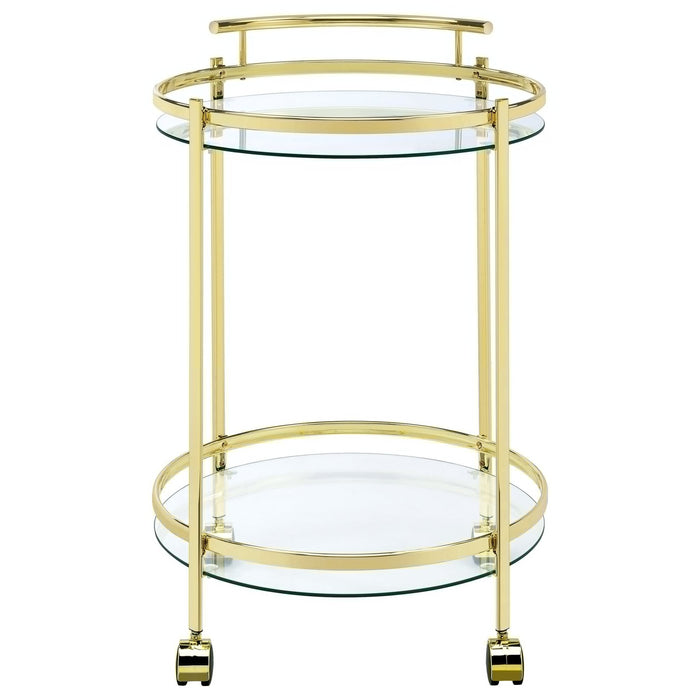 Chrissy 2 - tier Round Glass Shelf Metal Bar Cart Brass - Walo Furniture