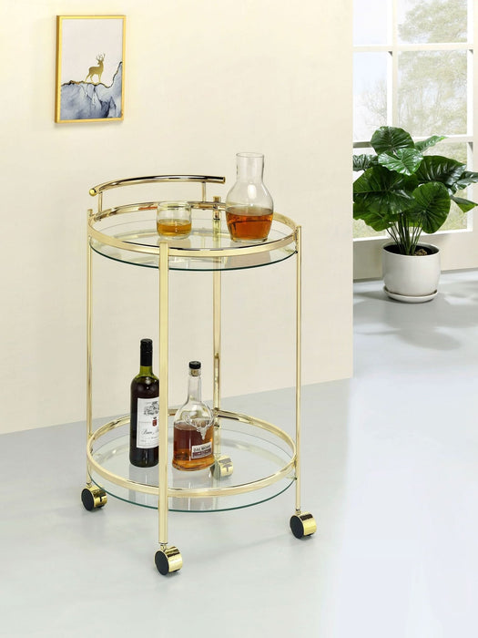 Chrissy 2 - tier Round Glass Shelf Metal Bar Cart Brass - Walo Furniture