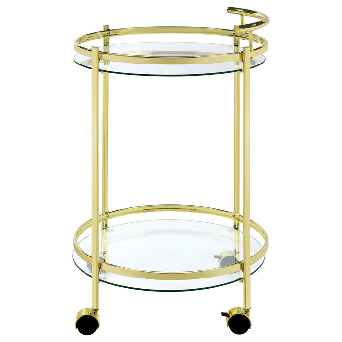 Chrissy 2 - tier Round Glass Shelf Metal Bar Cart Brass - Walo Furniture