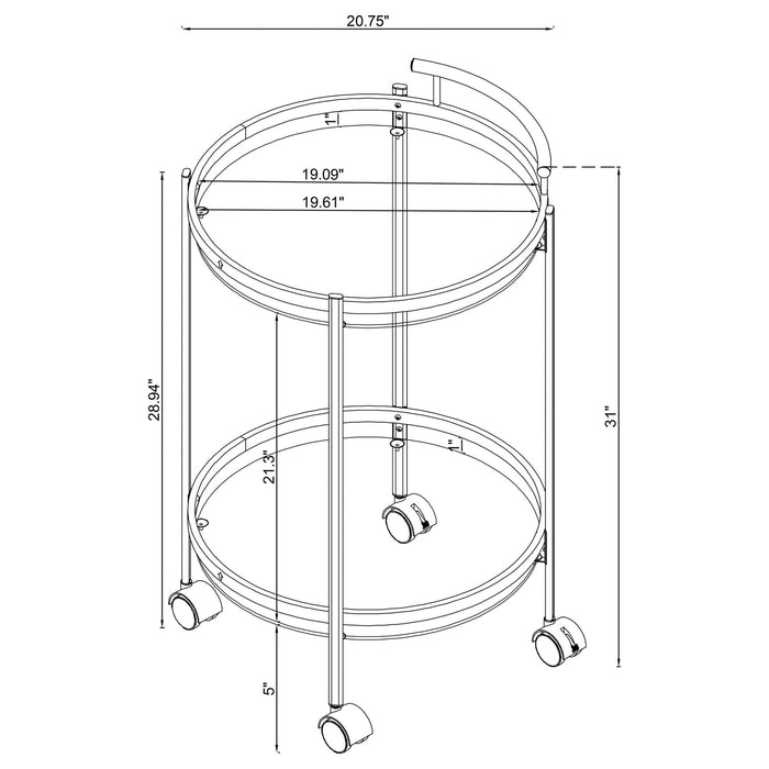 Chrissy 2 - tier Round Glass Shelf Metal Bar Cart Brass - Walo Furniture