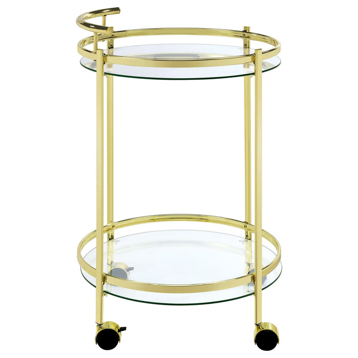 Chrissy 2 - tier Round Glass Shelf Metal Bar Cart Brass - Walo Furniture