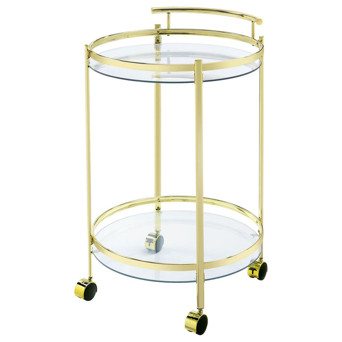 Chrissy 2 - tier Round Glass Shelf Metal Bar Cart Brass - Walo Furniture