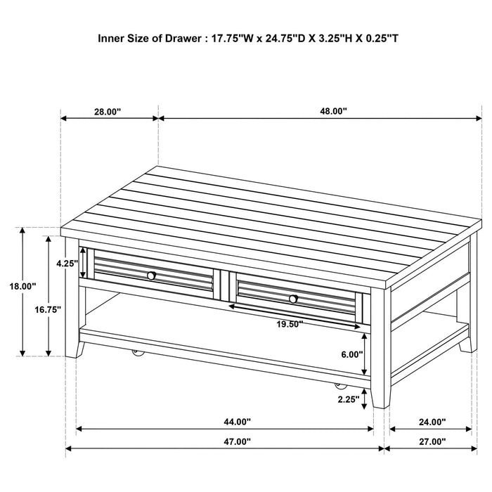 Concord 2 - drawer Rectangular Coffee Table Distressed Java - Walo Furniture