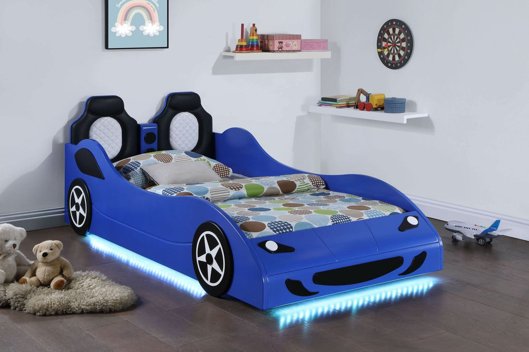 Cruiser Wood Twin LED Race Car Bed and 7 - inch Mattress Blue - Walo Furniture