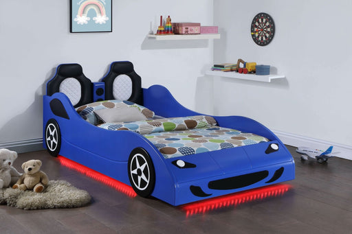 Cruiser Wood Twin LED Race Car Bed and 7 - inch Mattress Blue - Walo Furniture