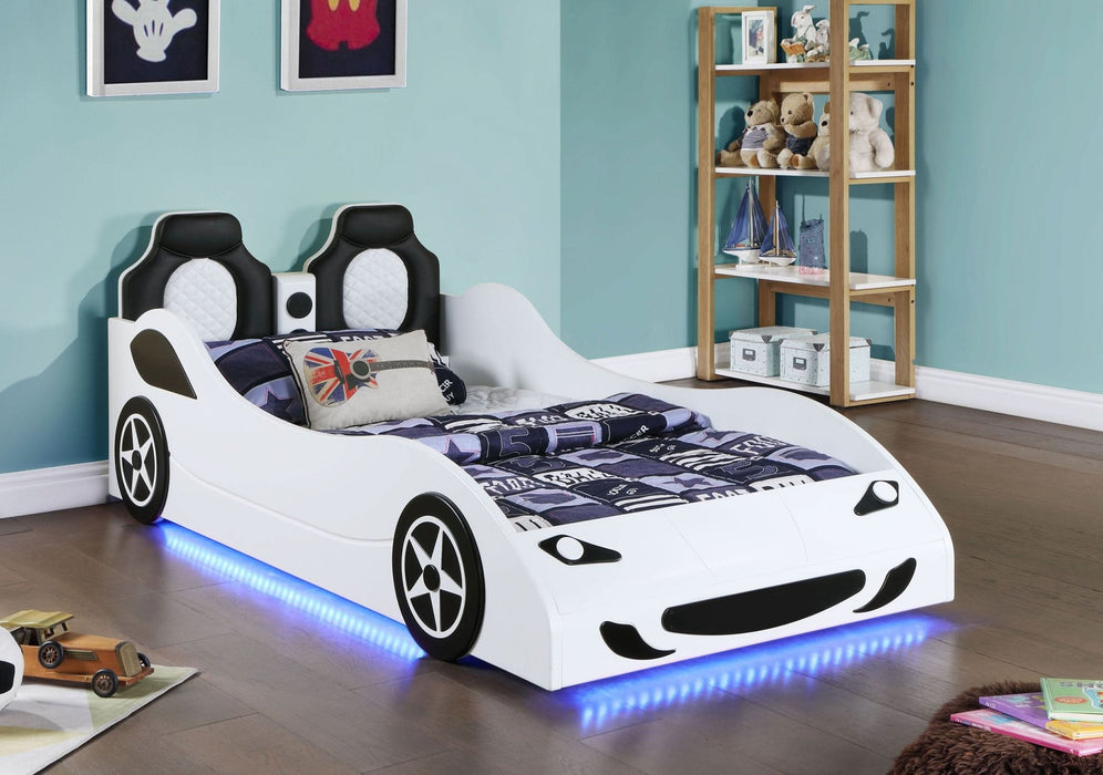 Cruiser Wood Twin LED Race Car Bed and 7 - inch Mattress White - Walo Furniture