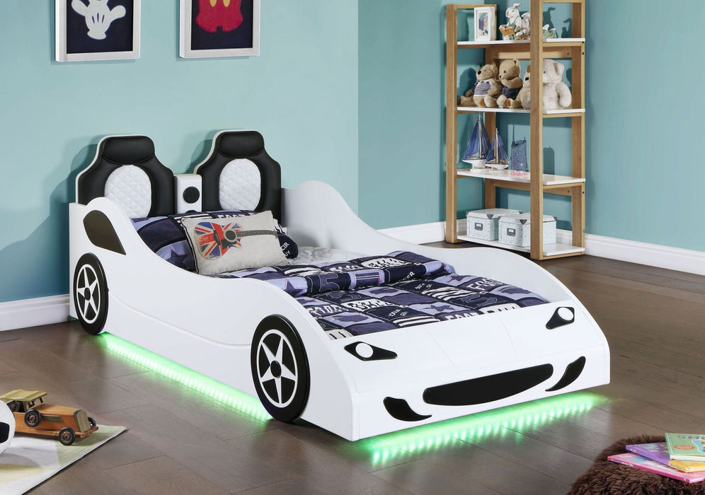 Cruiser Wood Twin LED Race Car Bed and 7 - inch Mattress White - Walo Furniture