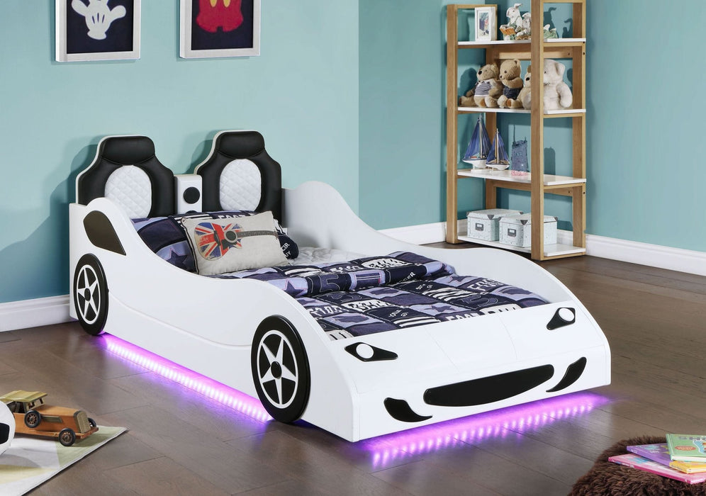 Cruiser Wood Twin LED Race Car Bed and 7 - inch Mattress White - Walo Furniture