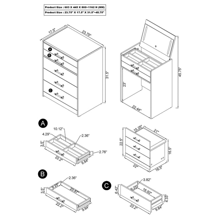 Danbury 3 - drawer Makeup Vanity & Stool Set Black High Gloss - Walo Furniture