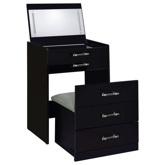 Danbury 3 - drawer Makeup Vanity & Stool Set Black High Gloss - Walo Furniture