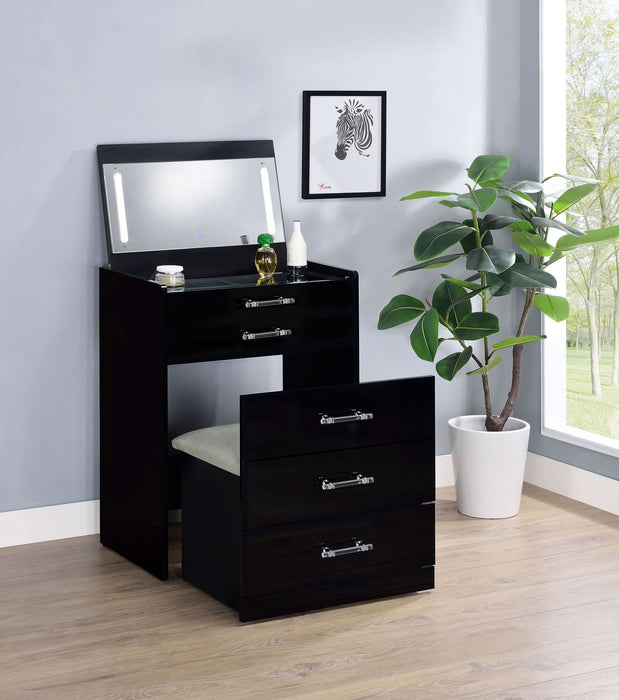 Danbury 3 - drawer Makeup Vanity & Stool Set Black High Gloss - Walo Furniture