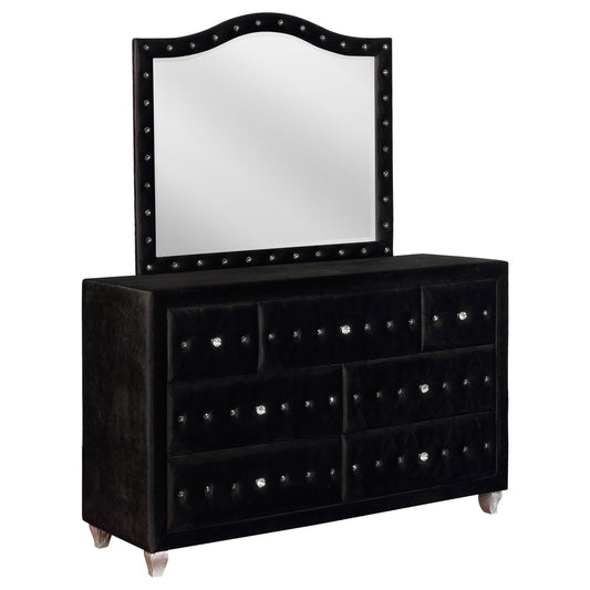 Deanna 7 - drawer Upholstered Dresser with Mirror Black - Walo Furniture