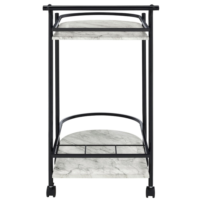 Desiree 2 - tier Faux Marble Shelf Metal Bar Cart Black - Walo Furniture