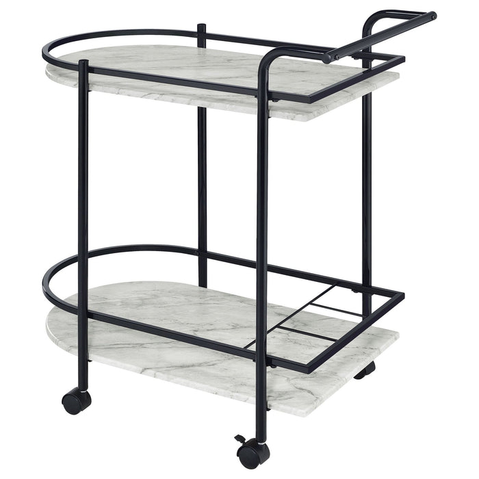 Desiree 2 - tier Faux Marble Shelf Metal Bar Cart Black - Walo Furniture