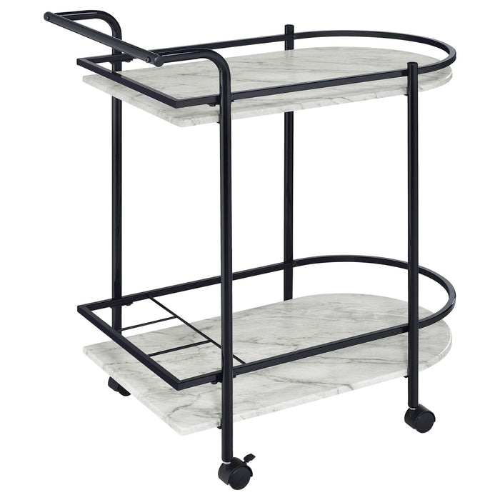 Desiree 2 - tier Faux Marble Shelf Metal Bar Cart Black - Walo Furniture