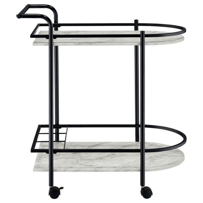 Desiree 2 - tier Faux Marble Shelf Metal Bar Cart Black - Walo Furniture