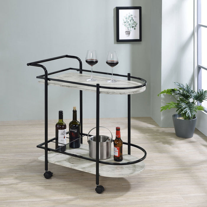 Desiree 2 - tier Faux Marble Shelf Metal Bar Cart Black - Walo Furniture