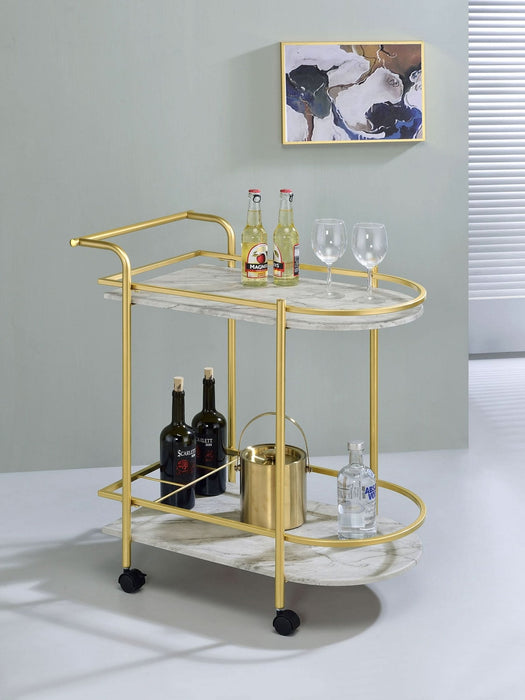 Desiree 2 - tier Faux Marble Shelf Metal Bar Cart Gold - Walo Furniture