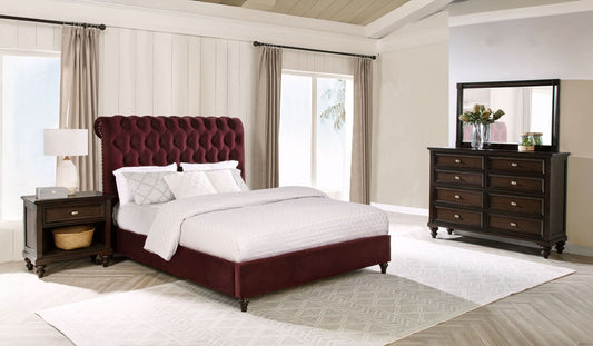 Devon 4 - piece Eastern King Bedroom Set Wine Red and Dark Oak - Walo Furniture