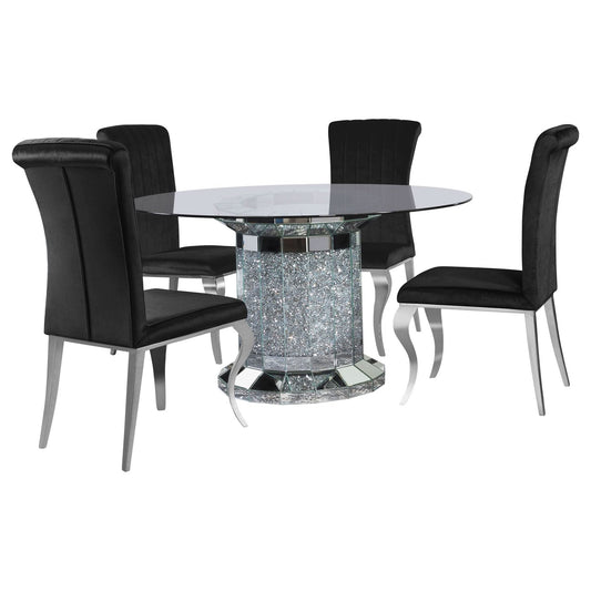 Ellie 5 - piece Mirrored Pedestal Dining Table Set Black - Walo Furniture