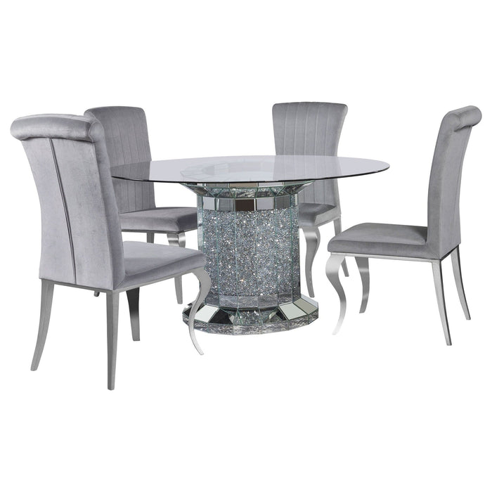 Ellie 5 - piece Mirrored Pedestal Dining Table Set Grey - Walo Furniture