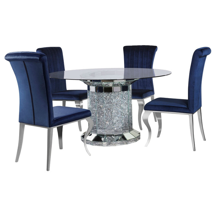 Ellie 5 - piece Mirrored Pedestal Dining Table Set Ink Blue - Walo Furniture