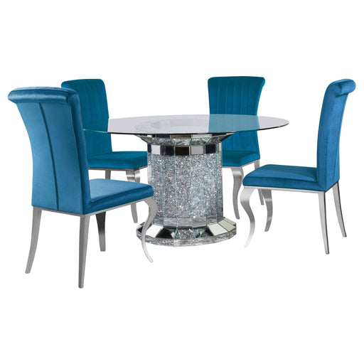 Ellie 5 - piece Mirrored Pedestal Dining Table Set Teal - Walo Furniture