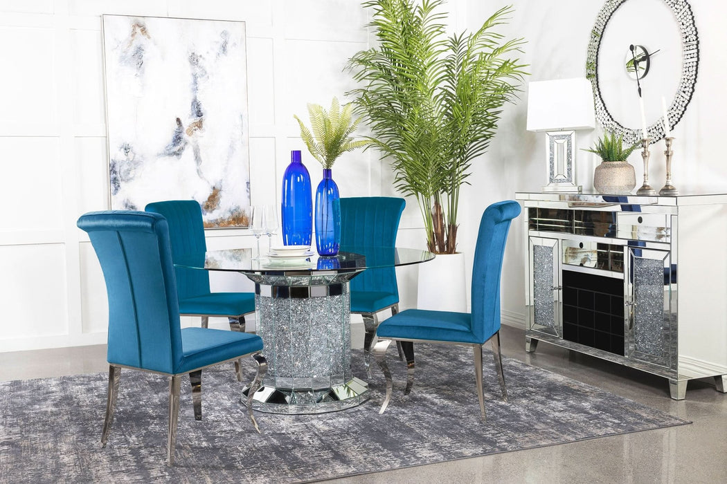 Ellie 5 - piece Mirrored Pedestal Dining Table Set Teal - Walo Furniture