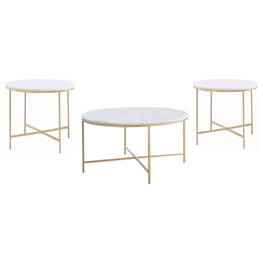 Ellison 3 - piece Round Marble Coffee and End Table Set White - Walo Furniture