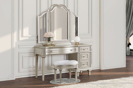 Evangeline 4 - drawer Vanity Set with Stool Silver Oak - Walo Furniture