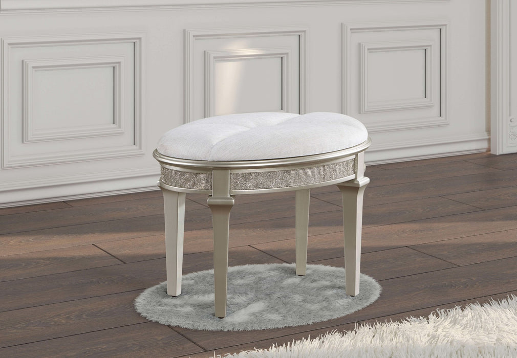 Evangeline Upholstered Oval Vanity Stool Silver and Ivory - Walo Furniture