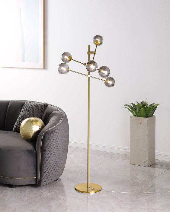 Exline 62 - inch Molecular Smoked Orb Metal Floor Lamp Gold - Walo Furniture