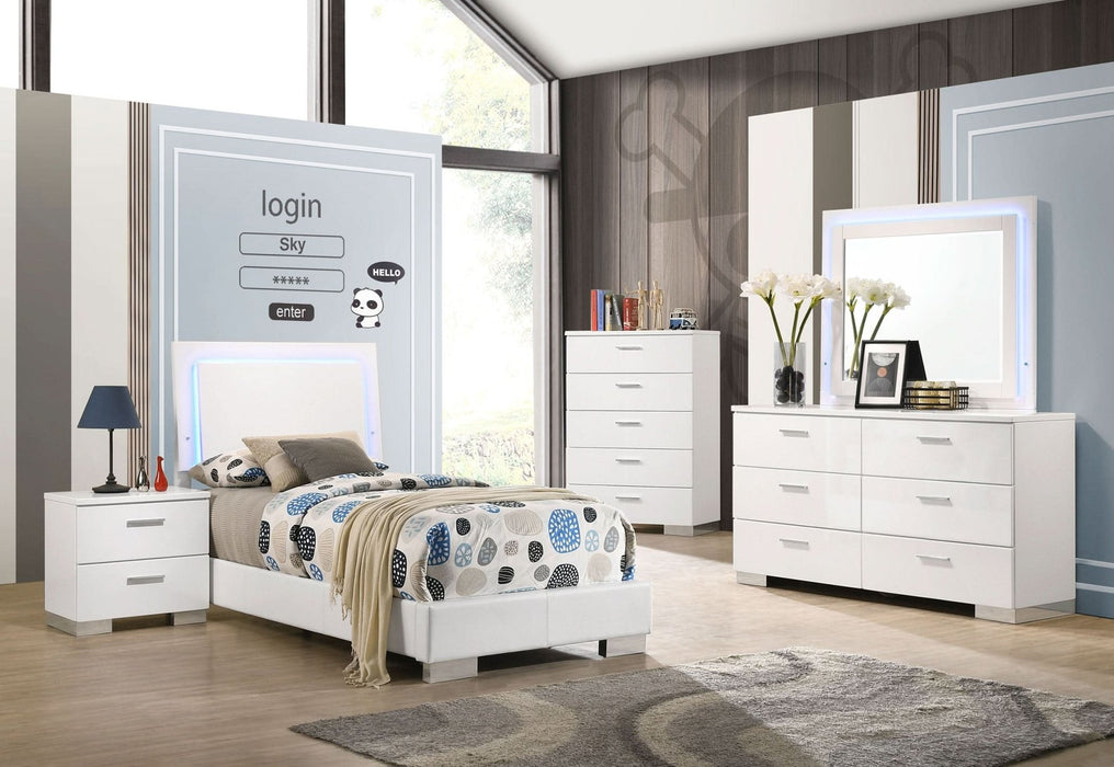 Felicity 5 - piece Twin Bedroom Set White High Gloss - Walo Furniture