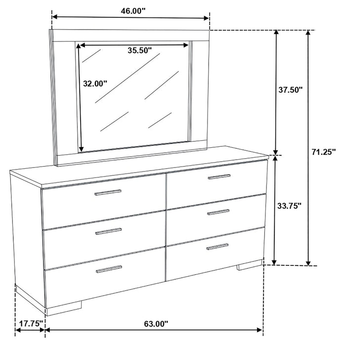 Felicity 6 - drawer Wood Dresser with Mirror White High Gloss - Walo Furniture