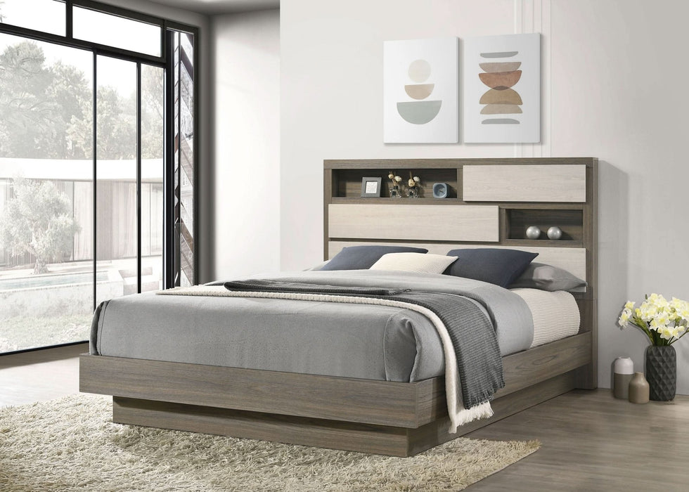 Fenwick California King Bed Bookcase Headboard Grey Oak - Walo Furniture