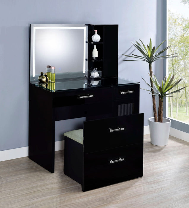 Flora 2 - drawer Vanity Set with LED Mirror Black High Gloss - Walo Furniture