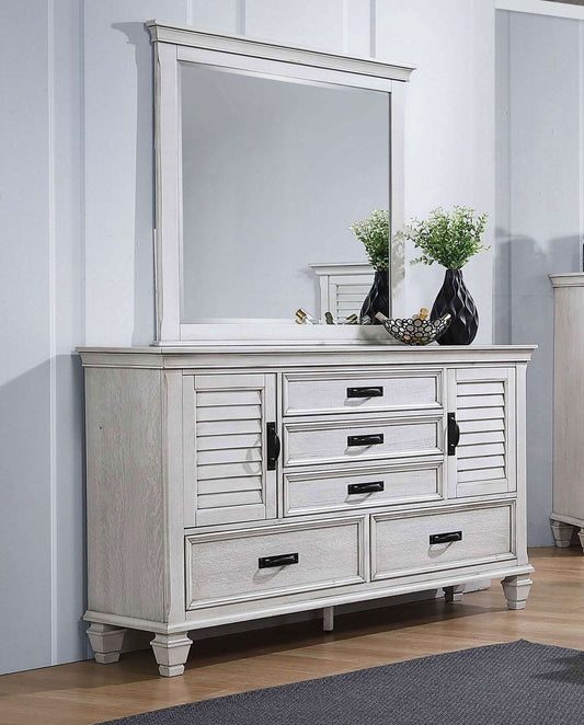 Franco 5 - drawer Dresser with Mirror Distressed White - Walo Furniture