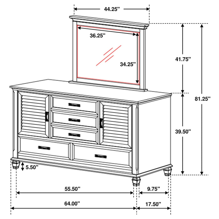 Franco 5 - drawer Dresser with Mirror Distressed White - Walo Furniture