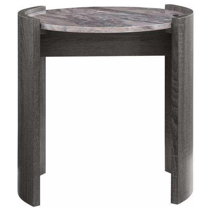 Gladstone Round Faux Marble Top End Table Distressed Grey - Walo Furniture