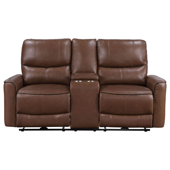 Greenfield Upholstered Power Reclining Loveseat Saddle Brown - Walo Furniture