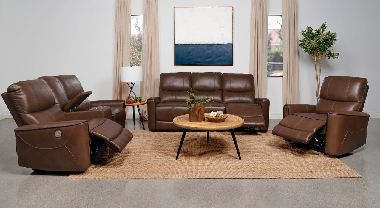 Greenfield Upholstered Power Reclining Loveseat Saddle Brown - Walo Furniture