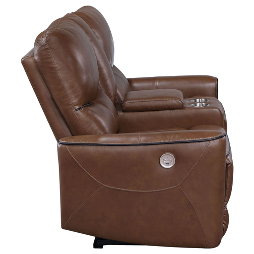 Greenfield Upholstered Power Reclining Loveseat Saddle Brown - Walo Furniture