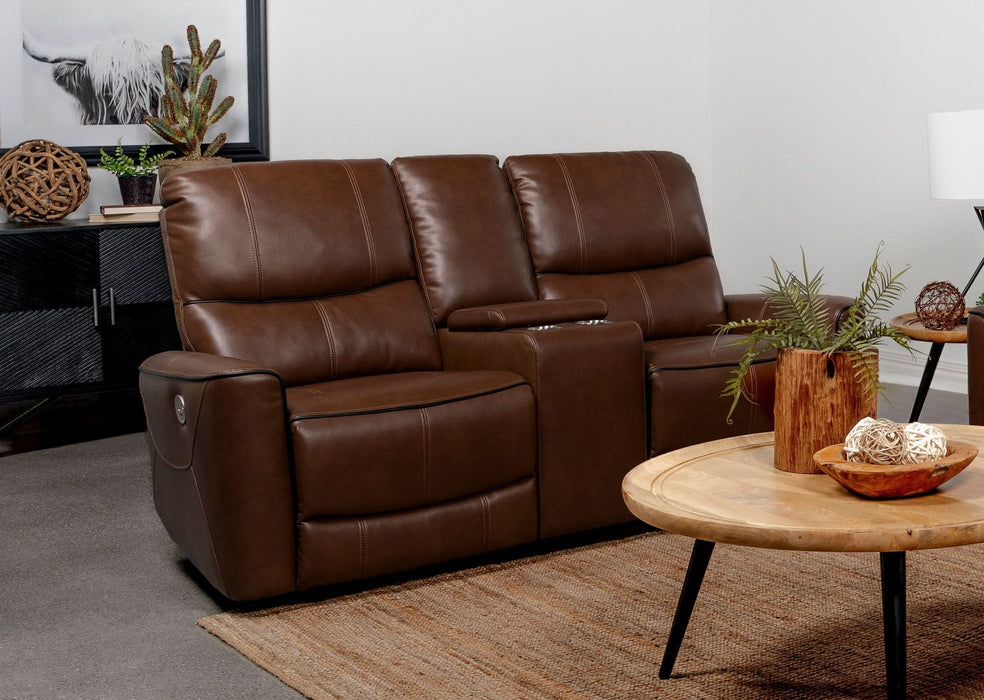 Greenfield Upholstered Power Reclining Loveseat Saddle Brown - Walo Furniture