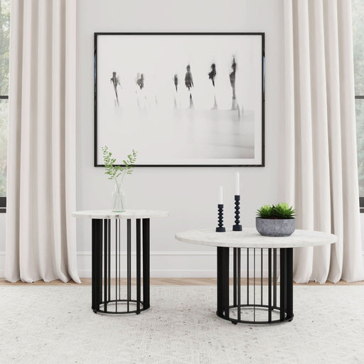 Haven 2 - piece Round Marble Coffee and End Table Set Black - Walo Furniture