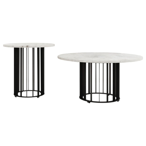 Haven 2 - piece Round Marble Coffee and End Table Set Black - Walo Furniture