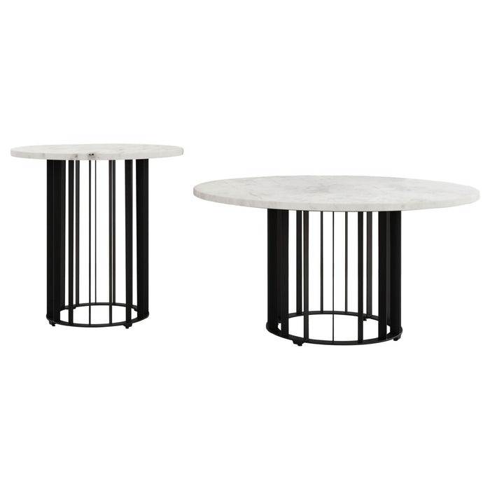 Haven 2 - piece Round Marble Coffee and End Table Set Black - Walo Furniture