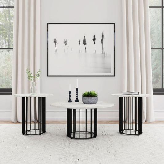 Haven 3 - piece Round Marble Coffee and End Table Set Black - Walo Furniture