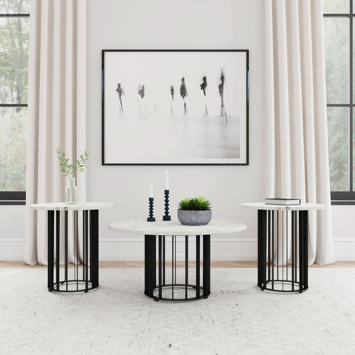 Haven 3 - piece Round Marble Coffee and End Table Set Black - Walo Furniture